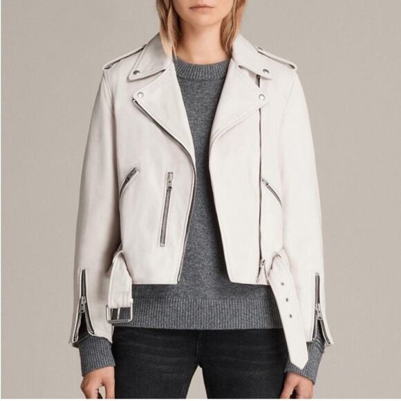 All Saints Leather Biker Balfern Belted Hem Zip Up Long Sleeve Jacket Ivory 8 - Picture 6 of 8